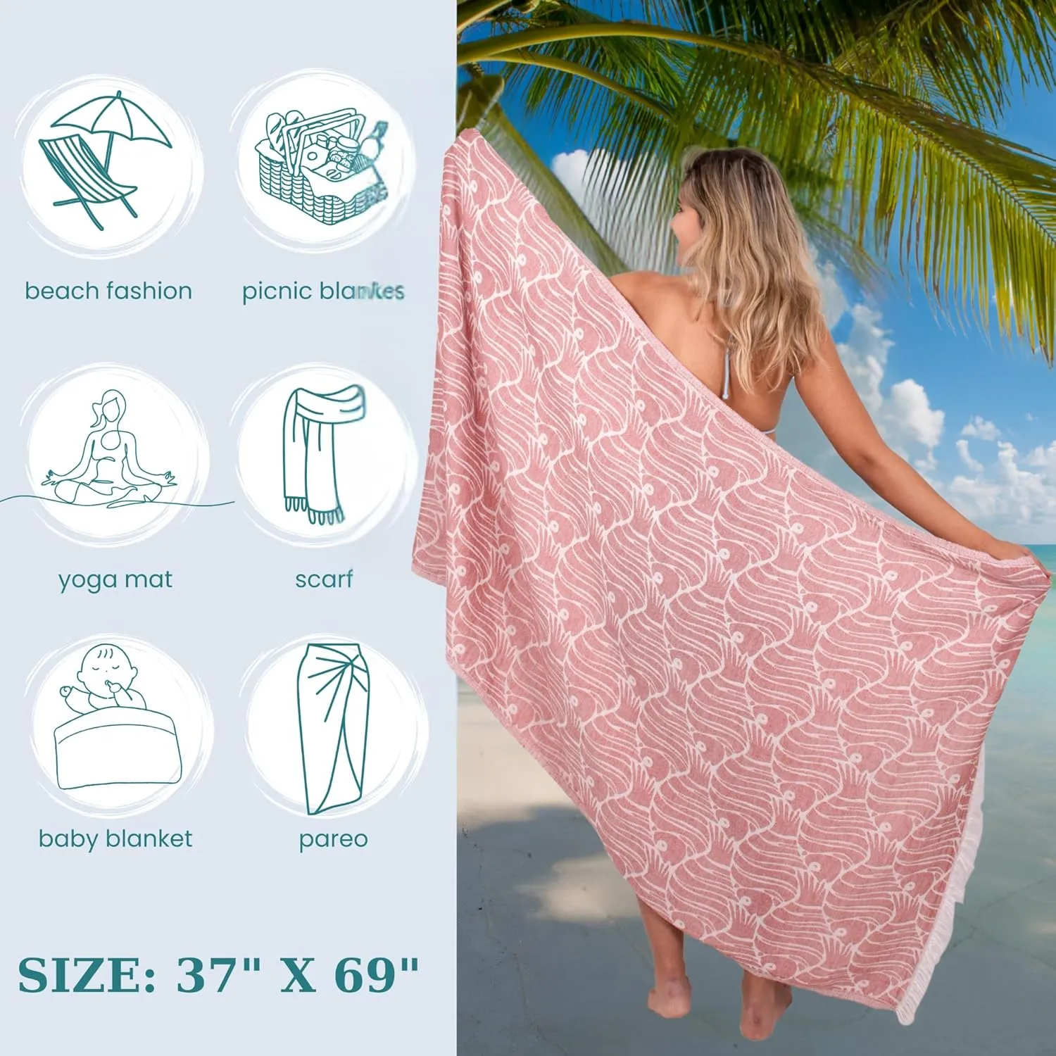 100% Cotton Turkish Beach Towels Great for Beach, Bathroom Towels Adult Travel Essentials Cruise Accessories Vacation Yoga Mat Soft Feel High Absorbent Sand Free Quick Dry (Jacquard Fish Red)