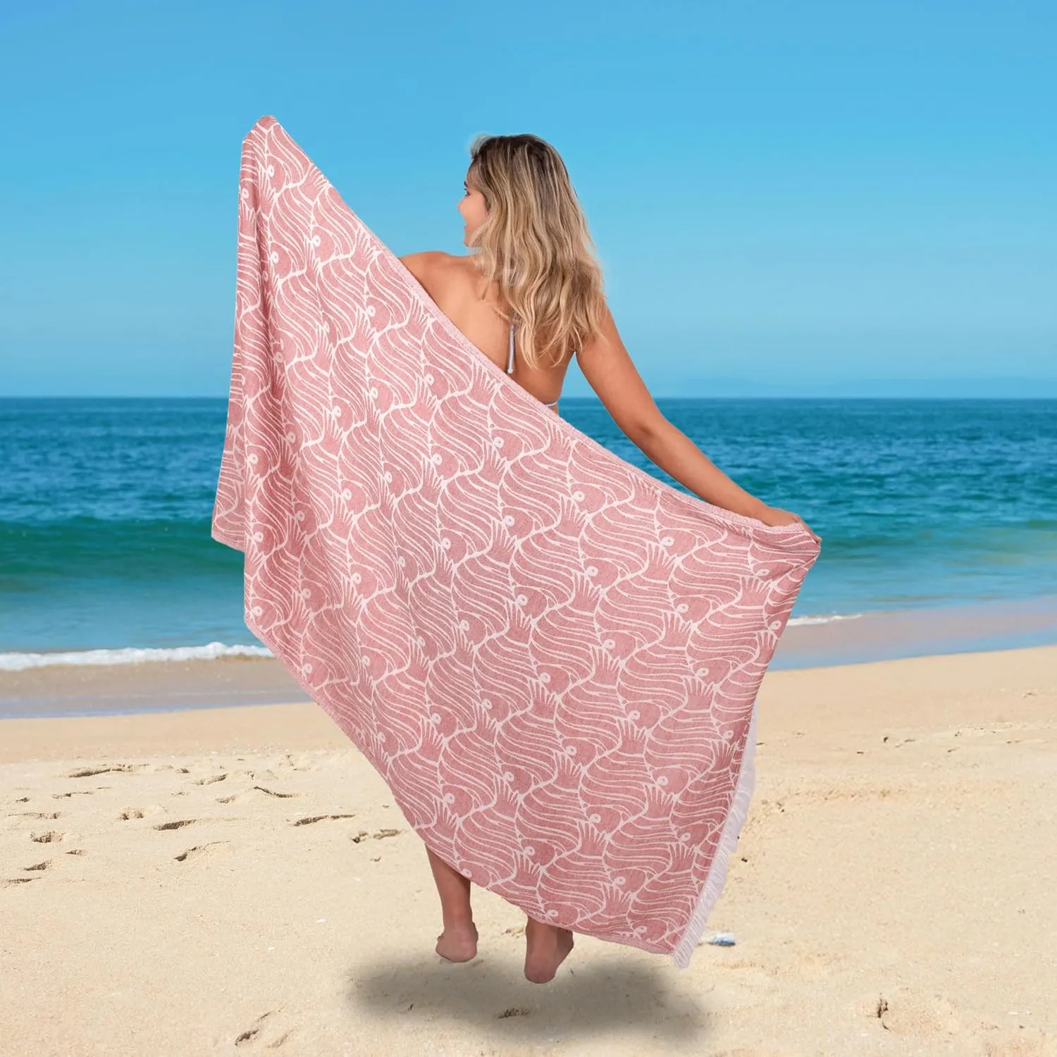 100% Cotton Turkish Beach Towels Great for Beach, Bathroom Towels Adult Travel Essentials Cruise Accessories Vacation Yoga Mat Soft Feel High Absorbent Sand Free Quick Dry (Jacquard Fish Red)
