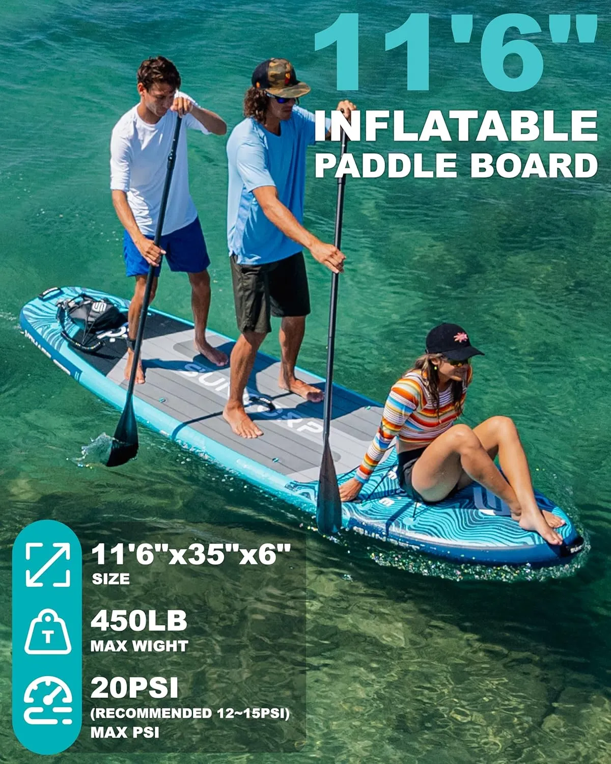 11.6'x35'' Inflatable Paddle Board, Extra Wide Stand-up Paddleboards, 450lbs Capacity, Inflatable SUP, Dual-Action Pump, 100L Backpack, 9 Plus Kits for Family, Fishing, Yoga&All Skill Levels