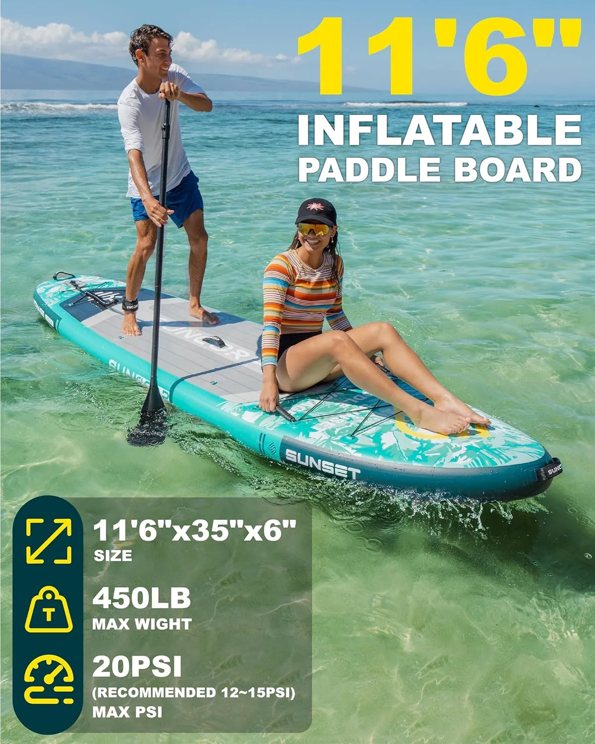 11.6'x35'' Inflatable Paddle Board, Extra Wide Stand-up Paddleboards, 450lbs Capacity, Inflatable SUP, Dual-Action Pump, 100L Backpack, 9 Plus Kits for Family, Fishing, Yoga&All Skill Levels
