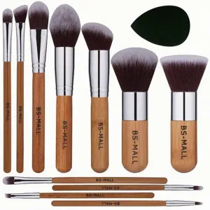 11Pcs Bamboo Makeup Brush Set, Synthetic Kabuki Makeup Brush Set with Storage Bag and Makeup Sponge