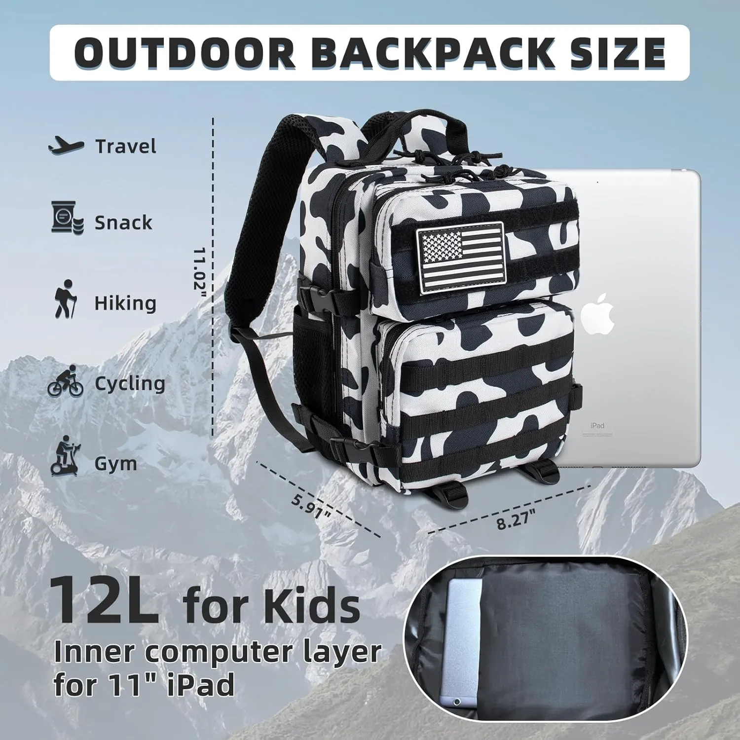 12L Mini Tactical Military Backpack for Women Army Assault Pack Bag Small Rucksack with Bottle Holder Work Gym Bag - 12L Cow Print Backpack Mini Small Workout Pack