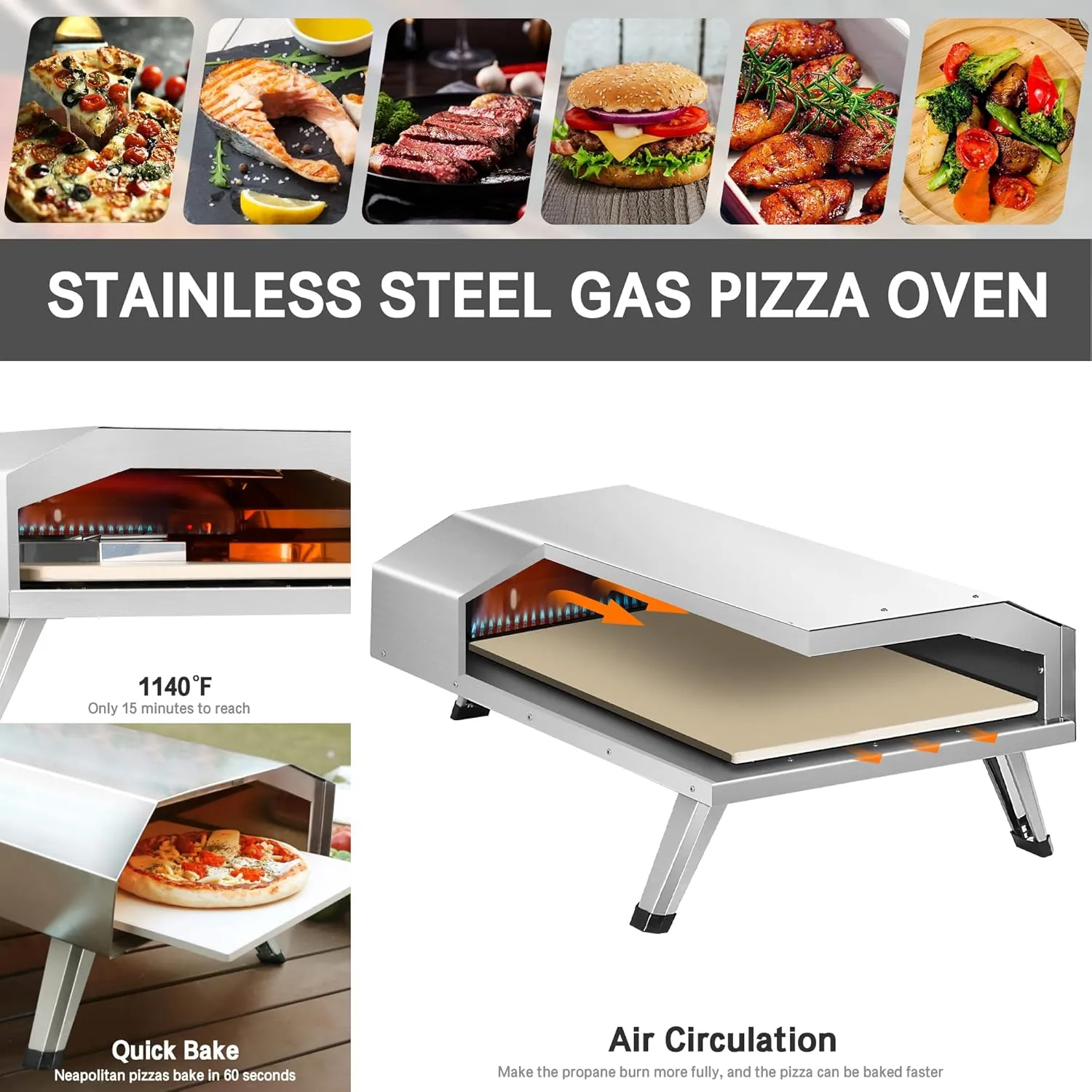 12" Gas Pizza Oven, Stainless Steel Outdoor Pizza Oven, Sliver