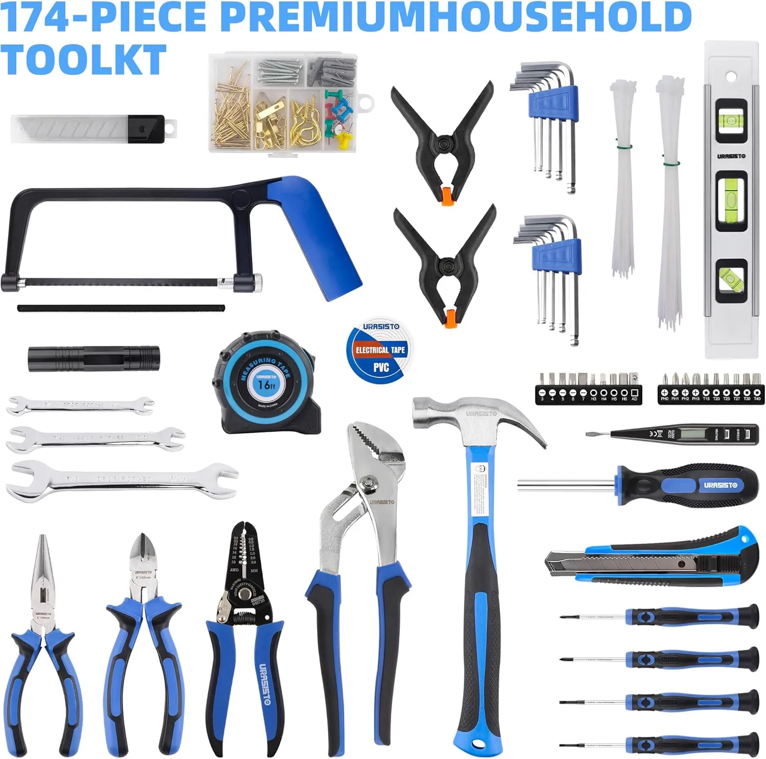 174-Piece Premium Tool Kit, Household Repairing Tool Set with 14 Inch Large Mouth Open Storage Tool Bag