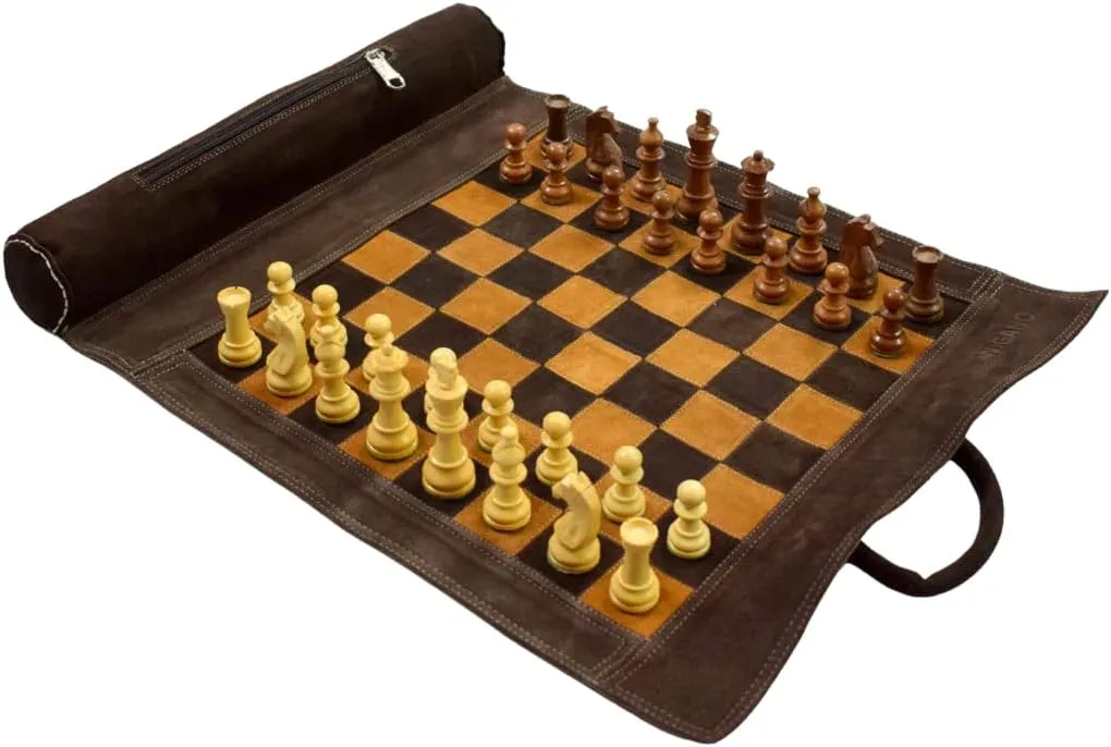 19"X15" Genuine Leather Chess Set (Chess Size-12"X12") - with 3" King Size Chess Pieces & Roll-Up Chess Bag Leather Chess Board (Brown Suede)