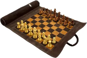 19"X15" Genuine Leather Chess Set (Chess Size-12"X12") - with 3" King Size Chess Pieces & Roll-Up Chess Bag Leather Chess Board (Brown Suede)