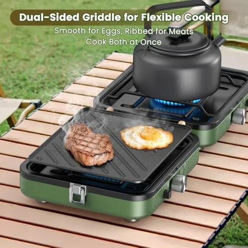 2-Burner Foldable Camping Stove w/ Griddle & Carrying Bag,Propane Camp Stove
