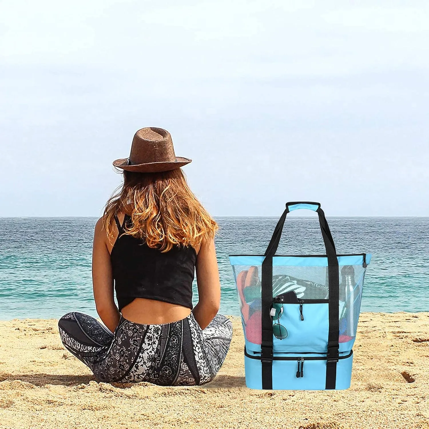 2 in 1 Large Beach Bag Mesh Beach Tote Cooler Bags for Women, Waterproof Sandproof Swim Pool Travel Daily Tote