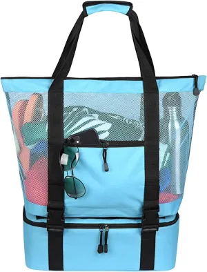 2 in 1 Large Beach Bag Mesh Beach Tote Cooler Bags for Women, Waterproof Sandproof Swim Pool Travel Daily Tote