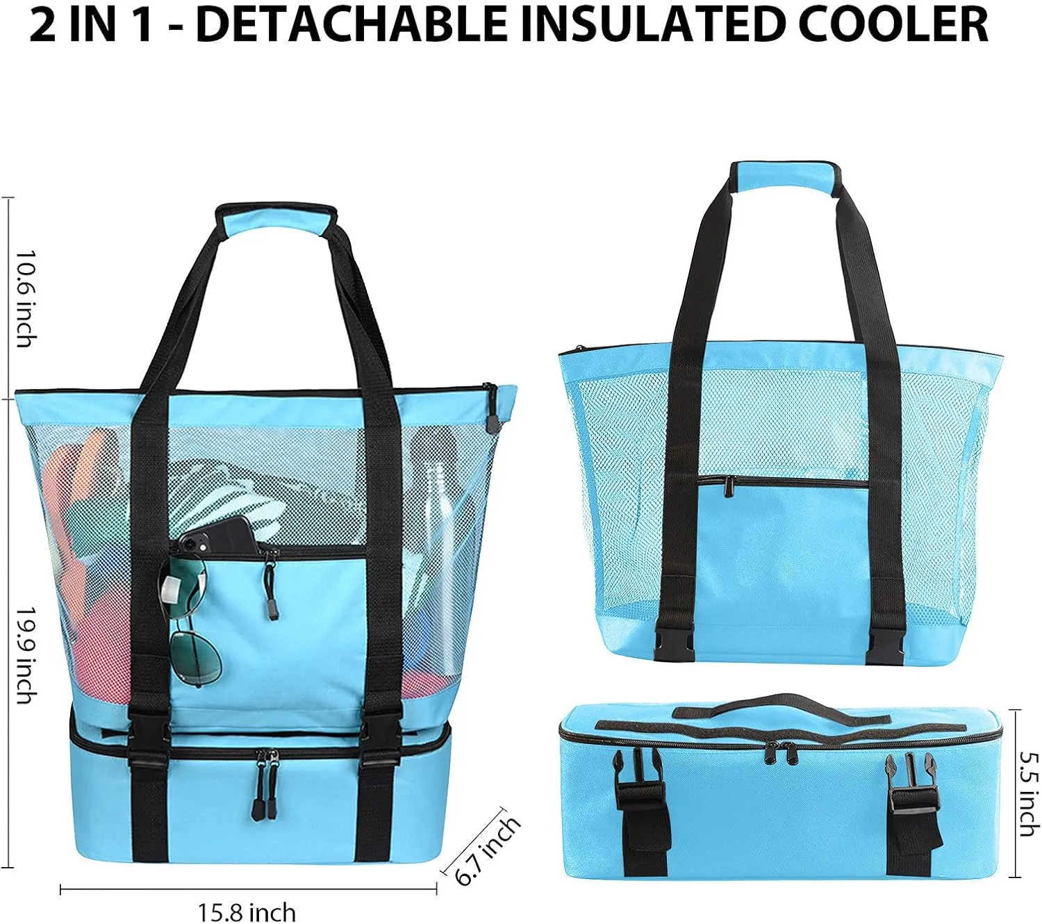 2 in 1 Large Beach Bag Mesh Beach Tote Cooler Bags for Women, Waterproof Sandproof Swim Pool Travel Daily Tote