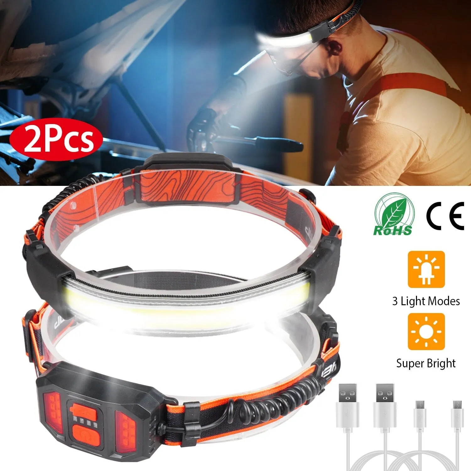 2-Pack: Rechargeable Headlamp 3 Light Modes Hand-Free