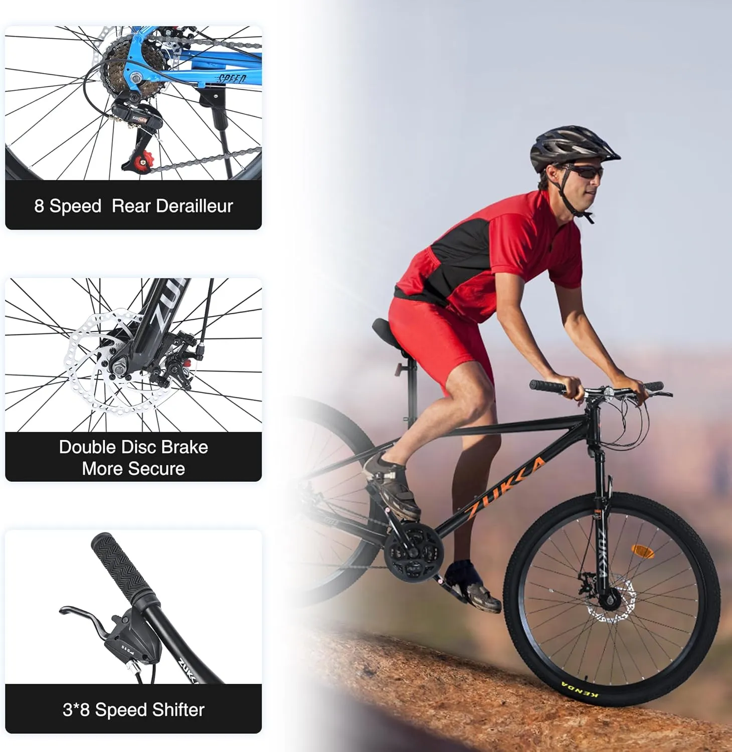 26 Inch Mountain Bike- 24-Speed All-Terrain Bicycle with Suspension Fork, Double Disc Brake and Kenda Tires, Durable Steel Frame Mountain Bikes for Trail Road Riding