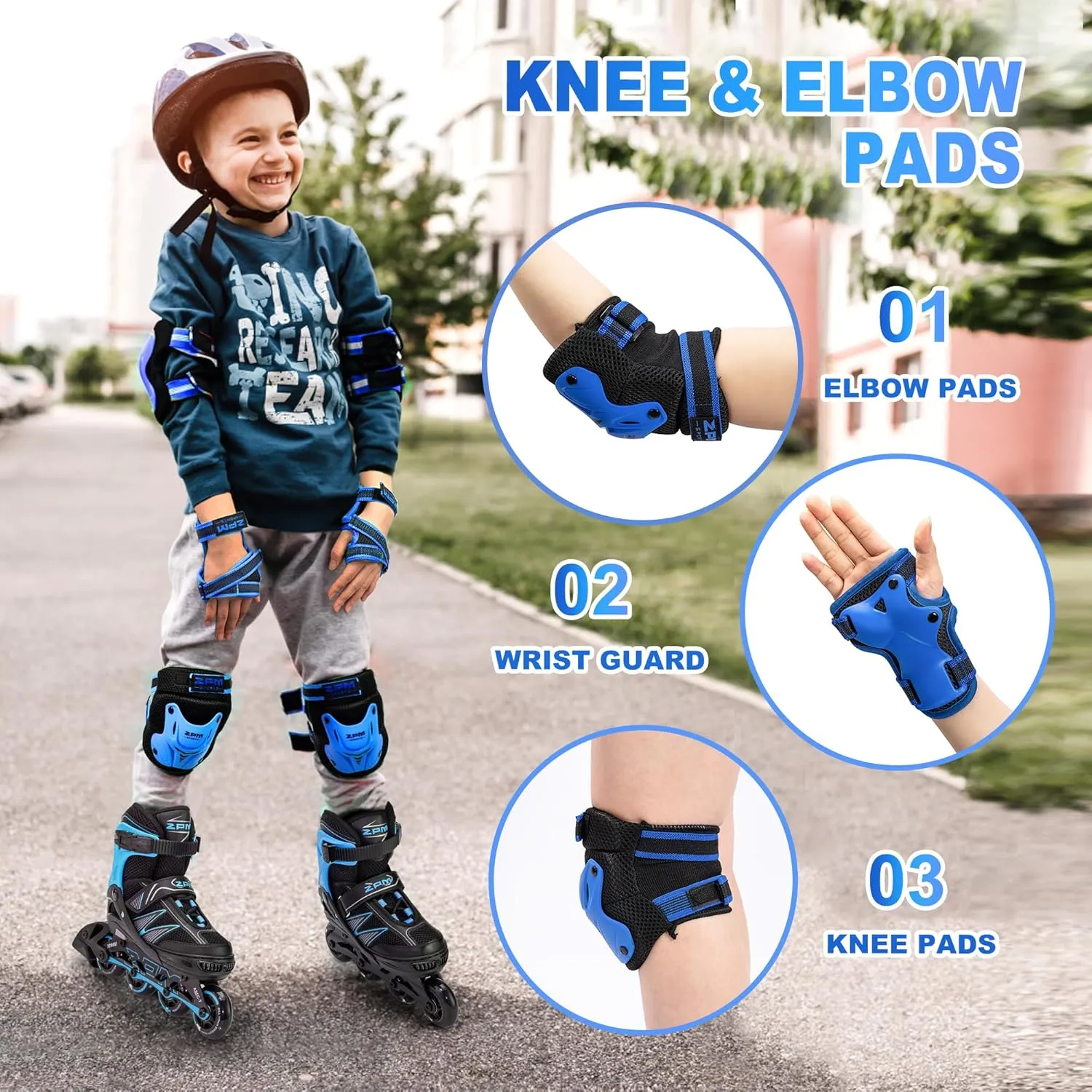 2PM SPORTS Knee Pads for Kids, Wrist Guards Knee and Elbow Pads Set with Drawstring Bag, Protective Gear Set for Girls Boys Roller Skating Cycling Skateboard - Blue Medium