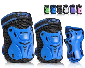 2PM SPORTS Knee Pads for Kids, Wrist Guards Knee and Elbow Pads Set with Drawstring Bag, Protective Gear Set for Girls Boys Roller Skating Cycling Skateboard - Blue Medium