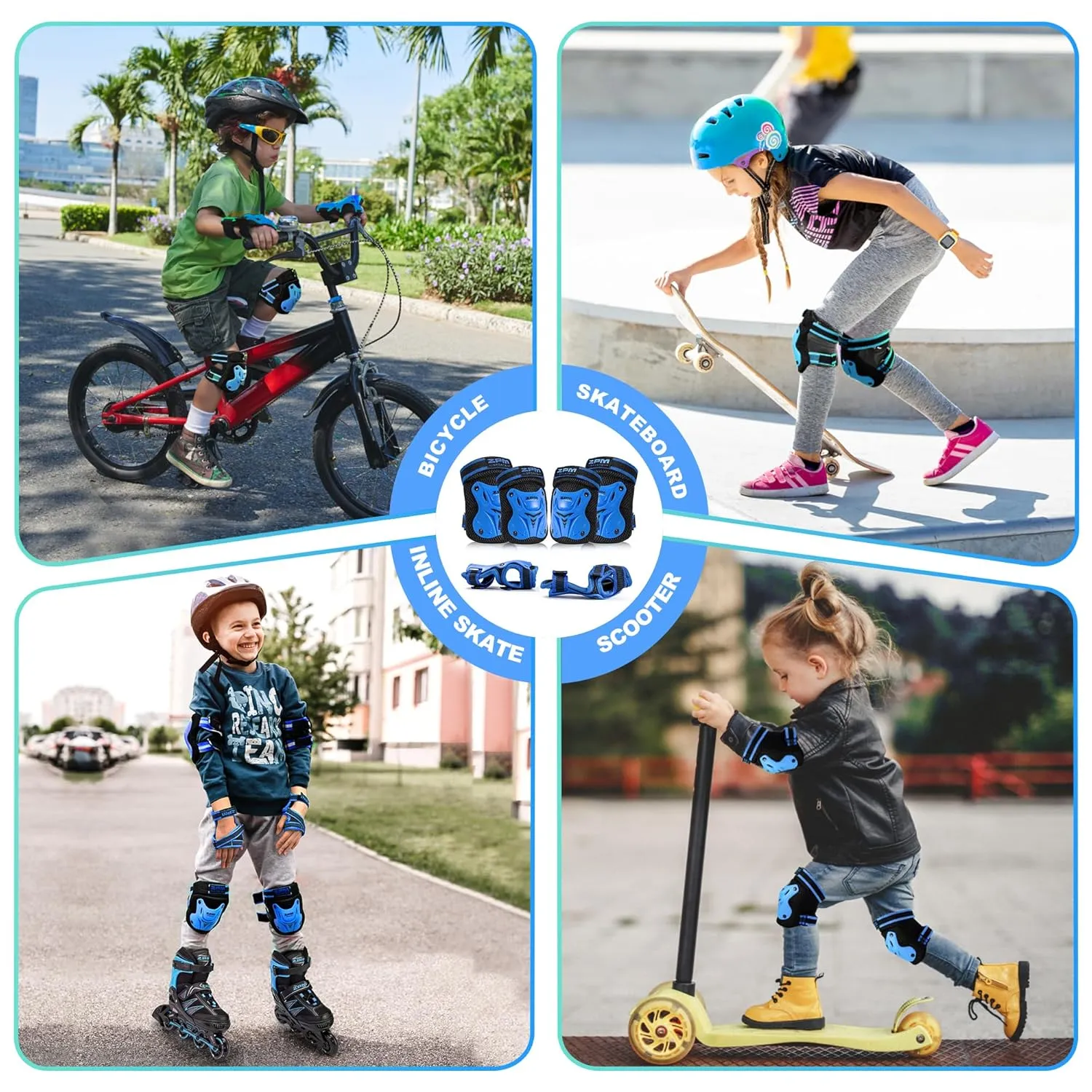 2PM SPORTS Knee Pads for Kids, Wrist Guards Knee and Elbow Pads Set with Drawstring Bag, Protective Gear Set for Girls Boys Roller Skating Cycling Skateboard - Blue Medium