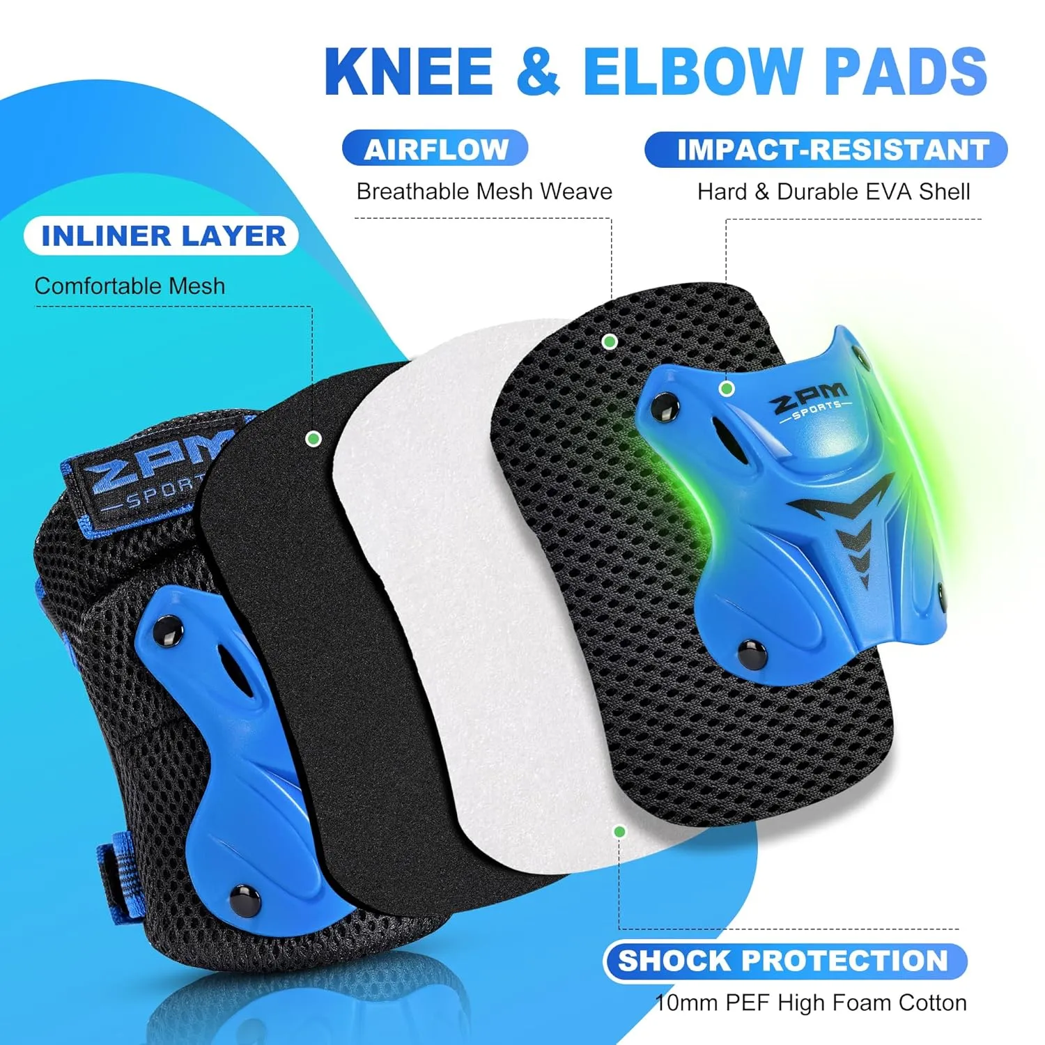 2PM SPORTS Knee Pads for Kids, Wrist Guards Knee and Elbow Pads Set with Drawstring Bag, Protective Gear Set for Girls Boys Roller Skating Cycling Skateboard - Blue Medium