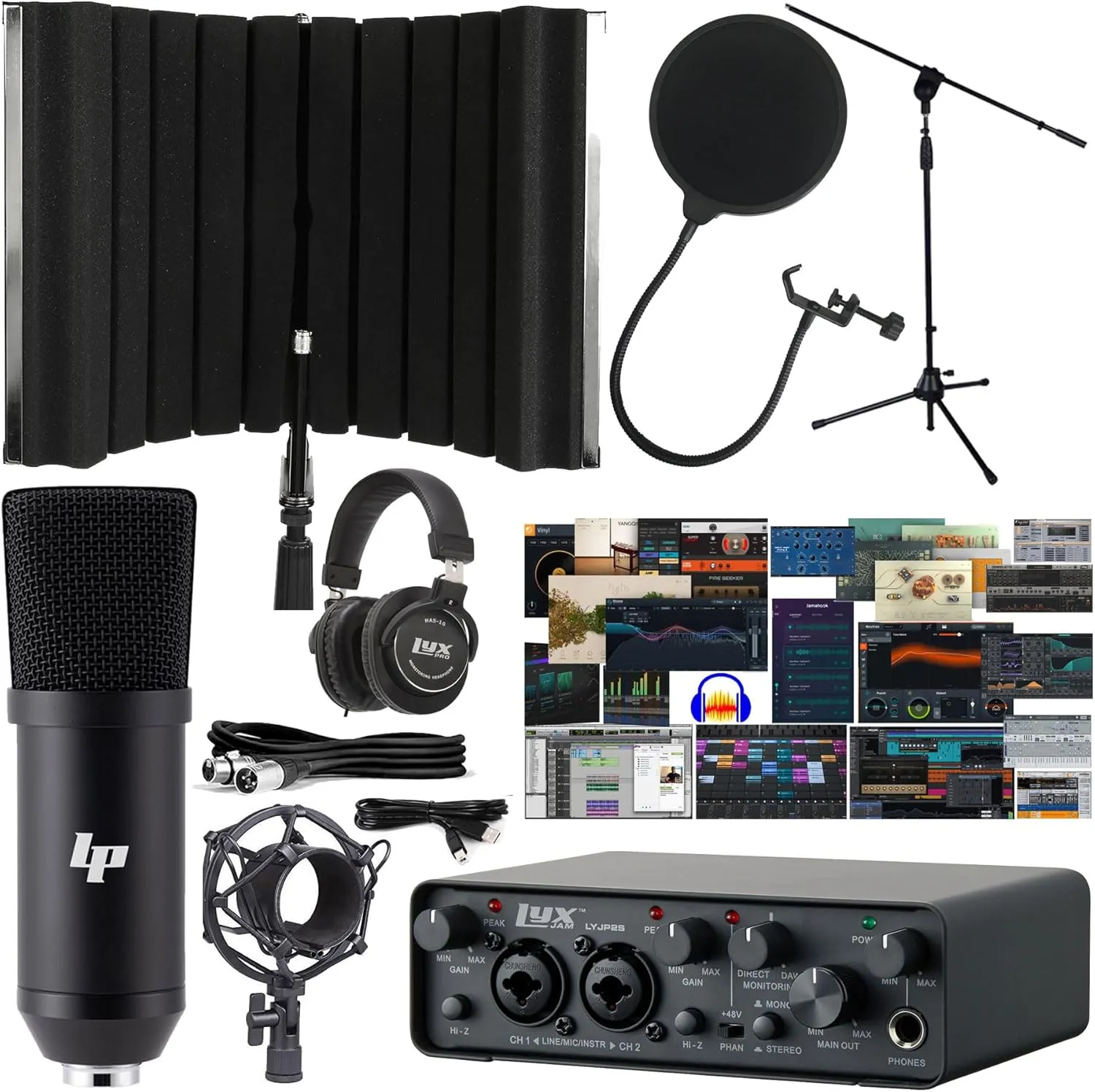 2x2 USB Audio Interface with Asio Driver and NEW Creative Software Bundle with LP Professional Condenser Microphone Kit, Mic Stand and Recording Headphones, Isolation Recording Shield