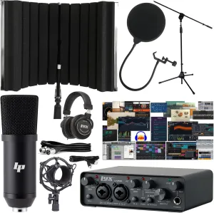 2x2 USB Audio Interface with Asio Driver and NEW Creative Software Bundle with LP Professional Condenser Microphone Kit, Mic Stand and Recording Headphones, Isolation Recording Shield