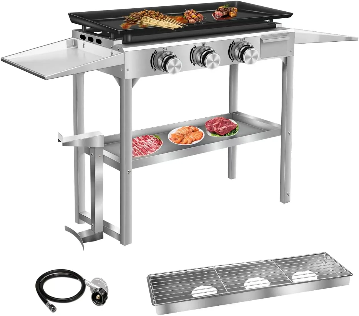 3 Burner Propane Gas Grill, Portable Replaceable Grill Pan, Equipped with Shelves and Gas Shelf, Suitable for Outdoor Picnic Barbecue Party Camping
