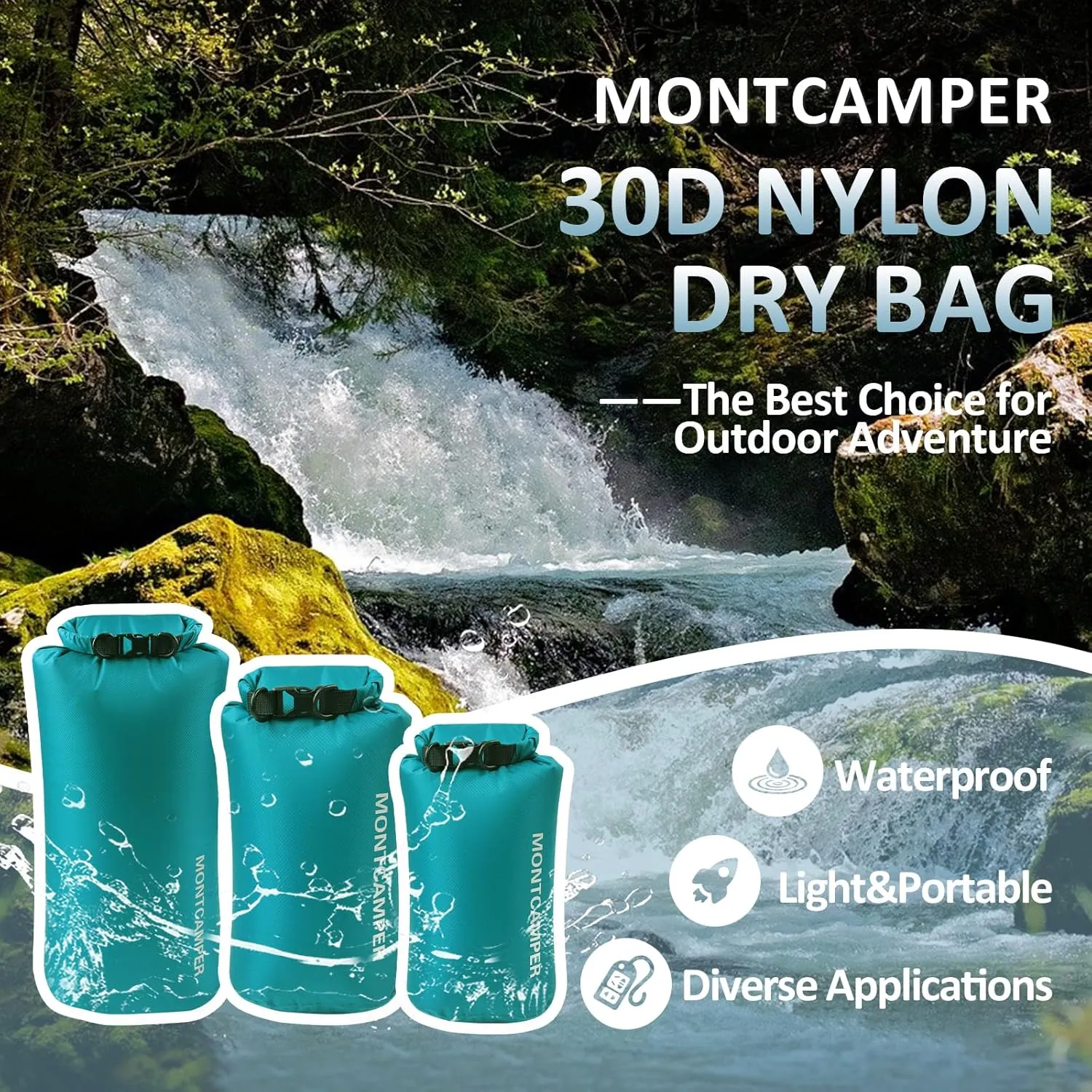 3-pack 30D Nylon Waterproof Dry Bag-Portable Waterproof Storage Sack for Kayaking, Hiking and Rafting-Roll Top Closure-Float on Water(5L/10L/20L,Turquoise blue)