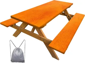 3 Pcs Picnic Table Cover Bench Covers, Orange Brush 6 ft Rectangle Elastic Edge Reusable Waterproof Table Cloth, 72x30 inches Fitted Tablecloth Camping Essentials RV Gear