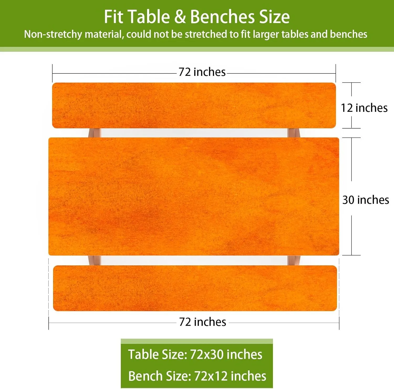 3 Pcs Picnic Table Cover Bench Covers, Orange Brush 6 ft Rectangle Elastic Edge Reusable Waterproof Table Cloth, 72x30 inches Fitted Tablecloth Camping Essentials RV Gear