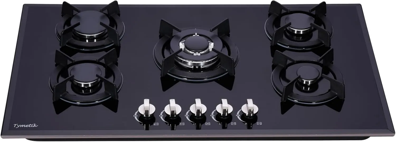 36 Inch Gas Cooktop, Built-in Tempered Glass Gas Stovetop 5 High Efficiency Burners Gas Stove Top Propane/Natural Gas Convertible Gas Hob (Black)