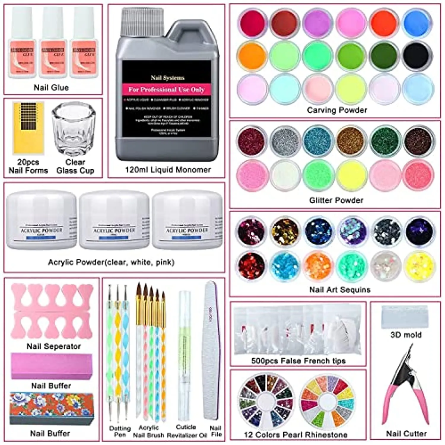 42 in 1 Acrylic Nail Kit, Acrylic Powder Liquid Monomer Set Acrylic Brush Glitter File French Tips Nail Art Decoration Tools Professional Manicure Set