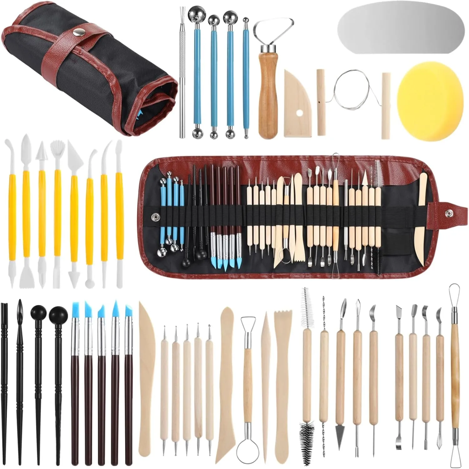 48 PCS Clay Sculpting Tools, Wooden and Metal Pottery Carving Kit with Roll-up Storage Bag, Versatile Tips for Beginners and Professionals