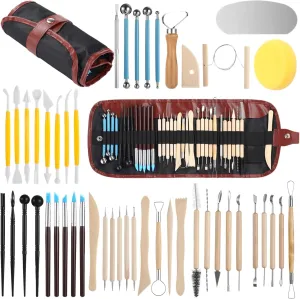 48 PCS Clay Sculpting Tools, Wooden and Metal Pottery Carving Kit with Roll-up Storage Bag, Versatile Tips for Beginners and Professionals