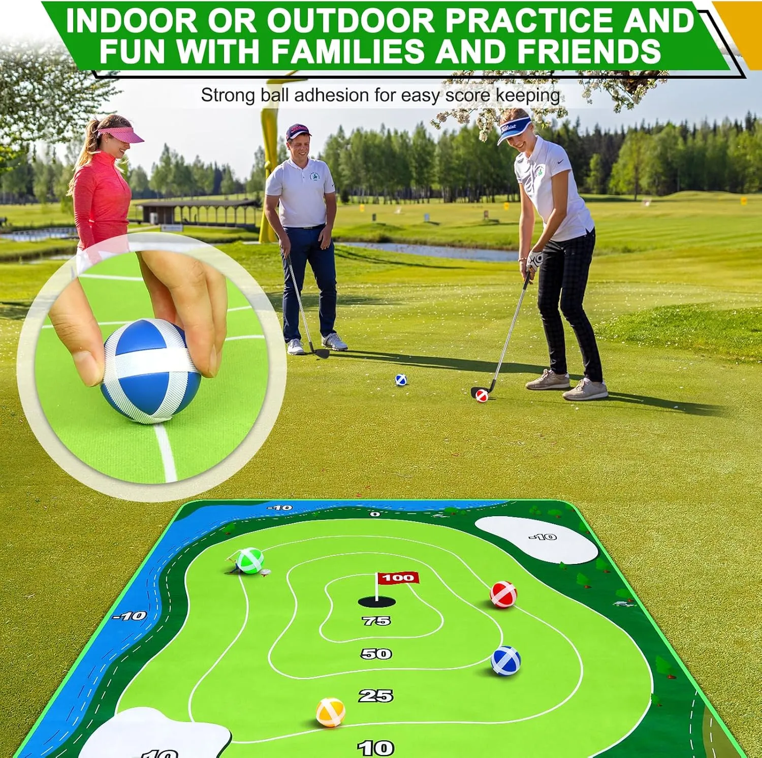 52HZ 6x5Ft Golf Chipping Mat, Battle Royale Golf Game Set with Hitting Mat, 20 Grip Balls, Adults Family Outdoor Indoor Game
