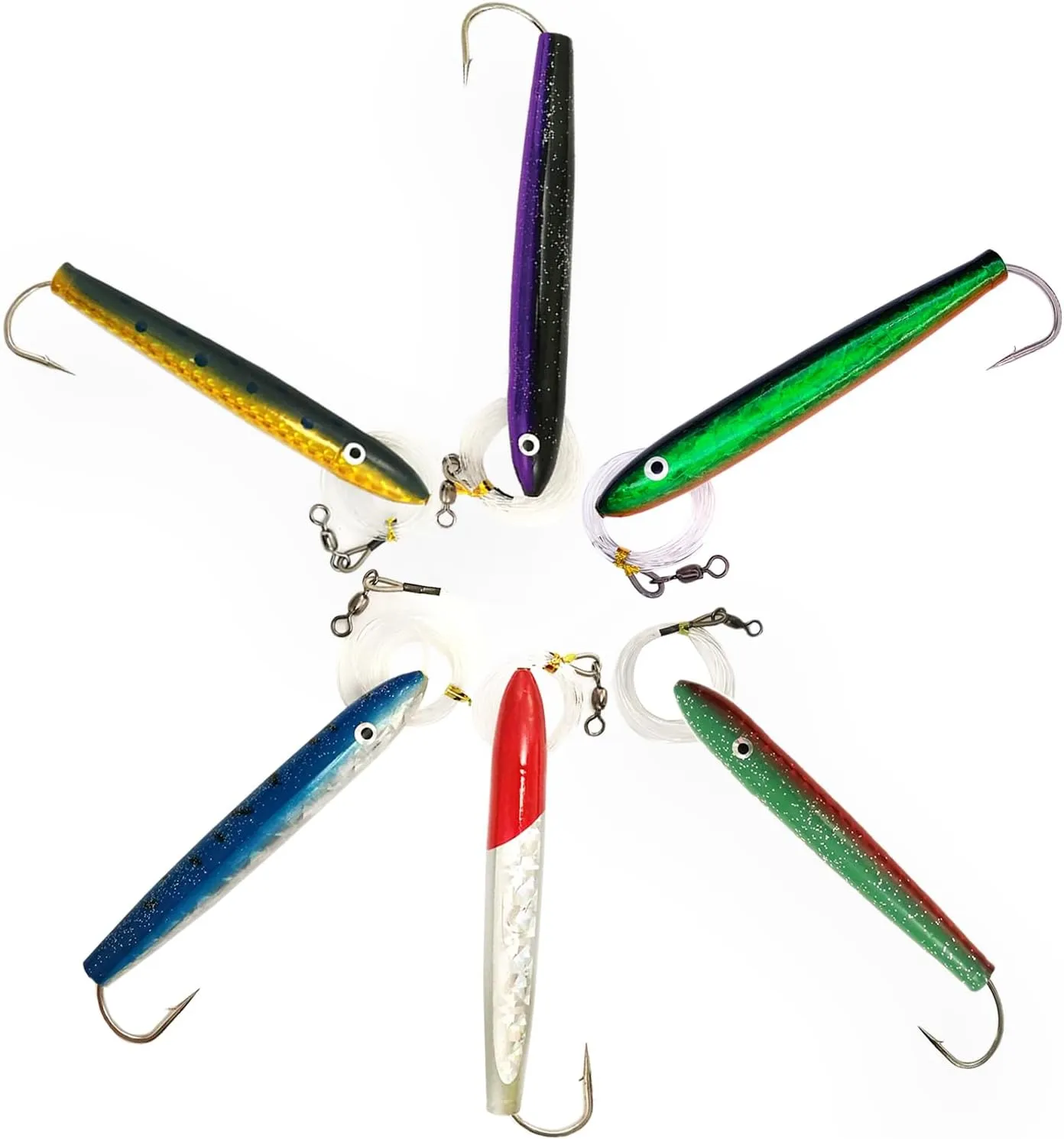 6" Rigged Mylar Cedar Plugs – 6 Pcs w/Lure Bag