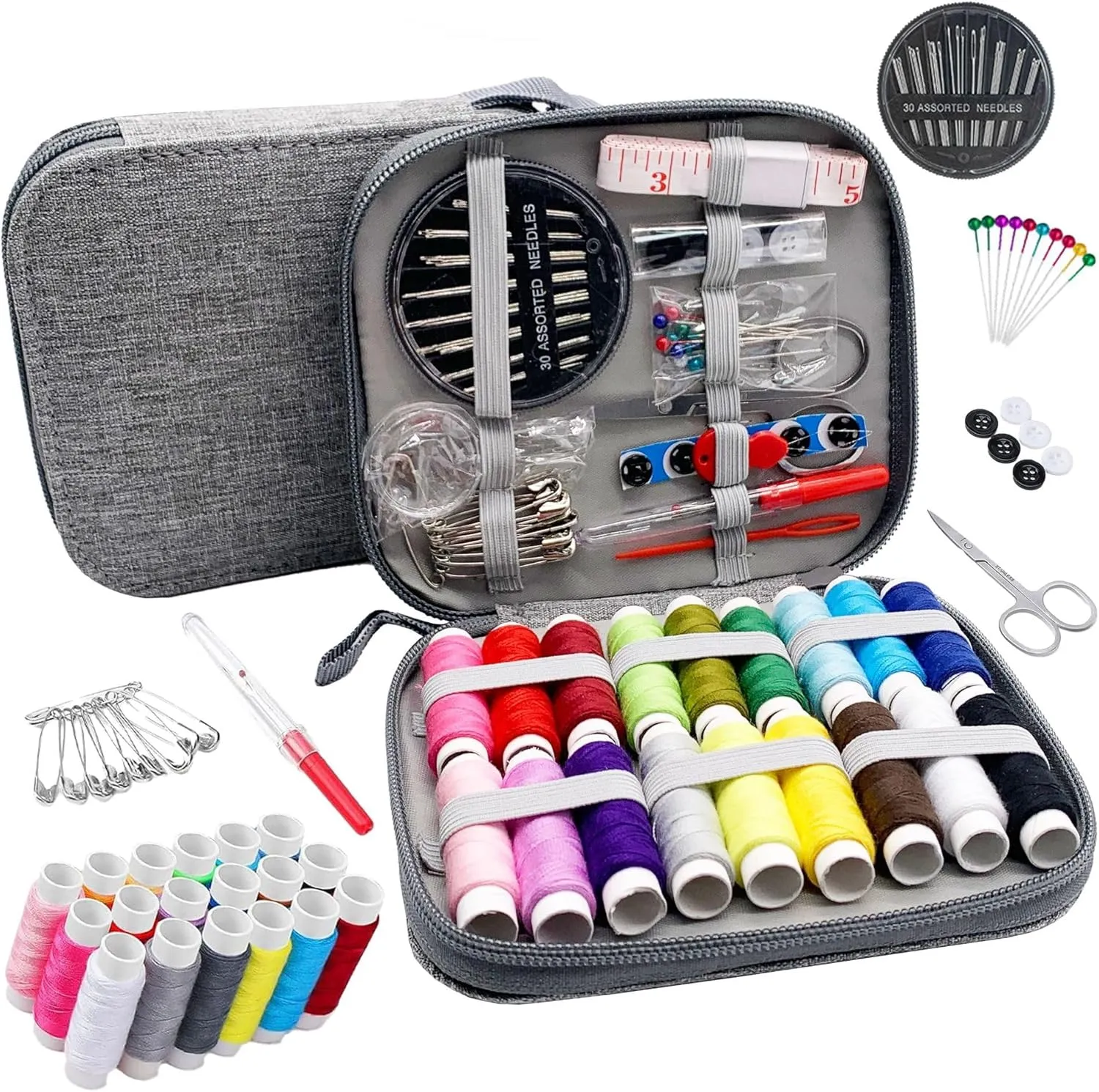 86-Piece Sewing Kit with Gray Zipper Bag – Complete Needle & Thread Set for Mending, Tailoring & Craft Projects (Ring Thimble)