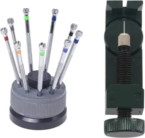 9 Pcs Base Table Repair Tool Screwdriver Set & 1 Pcs Metal Link Pin Remover Adjuster Watch Band Bracelet Strap Parts Watch Repair Tool Kit (Picture Color)