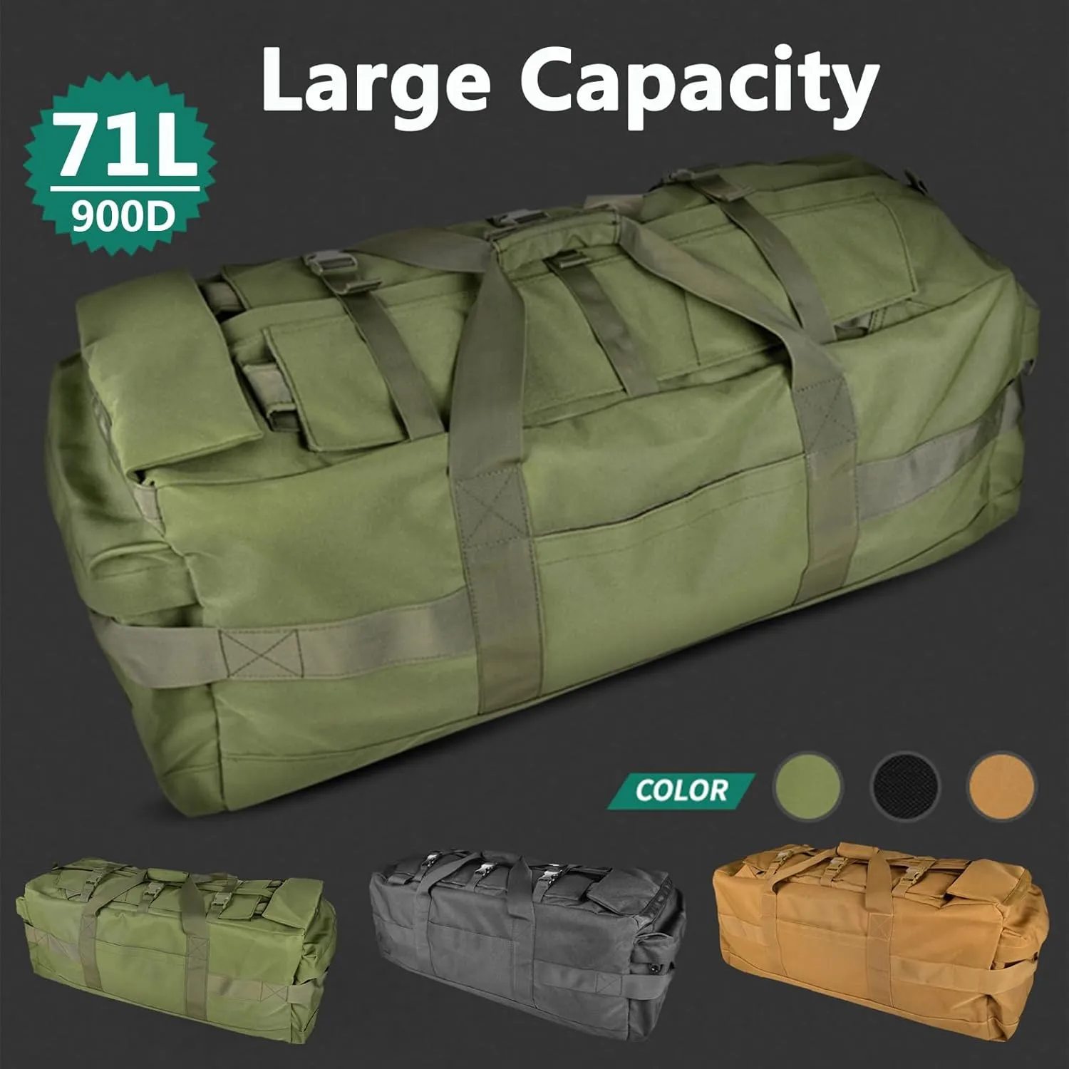 900D 75L Military Duffle Bag Large Zippered Duffel Bag Camping Bag Travel Storage Bag Deployment Cargo Bag Tent Storage Bag with Backpack Straps Sports Equipment Bag for Coaches & More Black