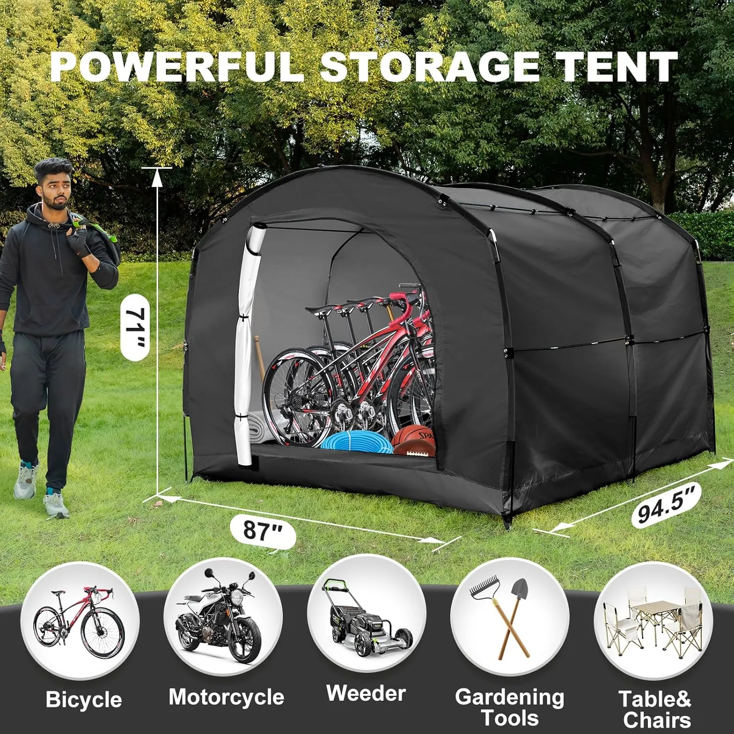 ABORON Outdoor Bike Storage Tent, Waterproof UV-Proof 230D Oxford Fabric (PU4000), Portable Backyard Shed, Ideal for Bikes, Motorcycles, Lawn Mower & Garden Tools (Black, for 4-6 Bikes)