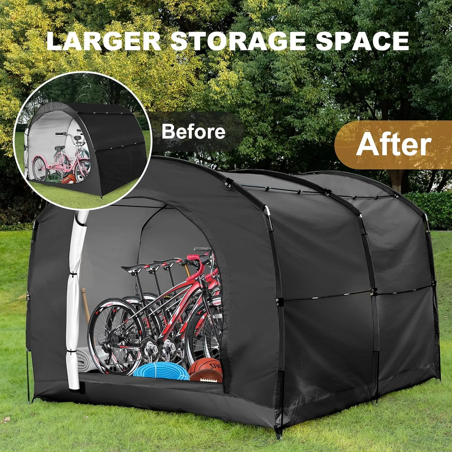 ABORON Outdoor Bike Storage Tent, Waterproof UV-Proof 230D Oxford Fabric (PU4000), Portable Backyard Shed, Ideal for Bikes, Motorcycles, Lawn Mower & Garden Tools (Black, for 4-6 Bikes)