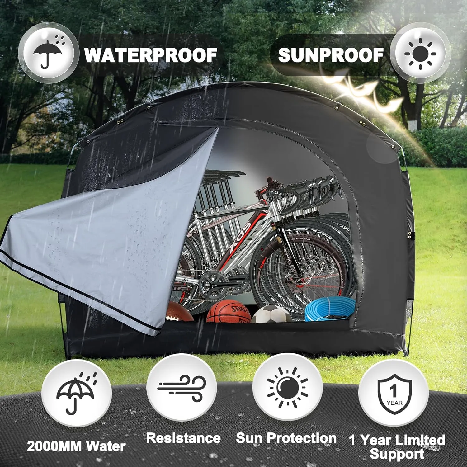 ABORON Outdoor Bike Storage Tent, Waterproof UV-Proof 230D Oxford Fabric (PU4000), Portable Backyard Shed, Ideal for Bikes, Motorcycles, Lawn Mower & Garden Tools (Black, for 4-6 Bikes)