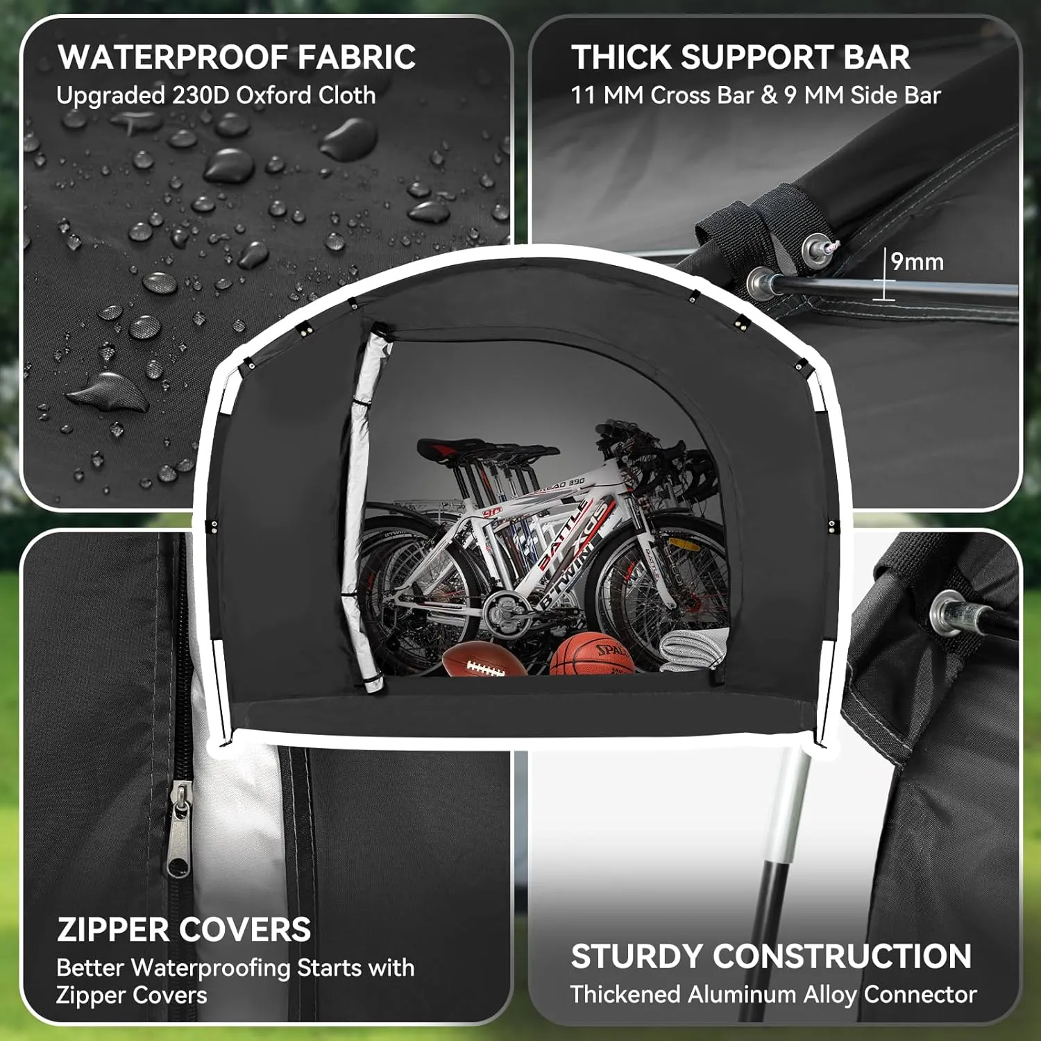 ABORON Outdoor Bike Storage Tent, Waterproof UV-Proof 230D Oxford Fabric (PU4000), Portable Backyard Shed, Ideal for Bikes, Motorcycles, Lawn Mower & Garden Tools (Black, for 4-6 Bikes)