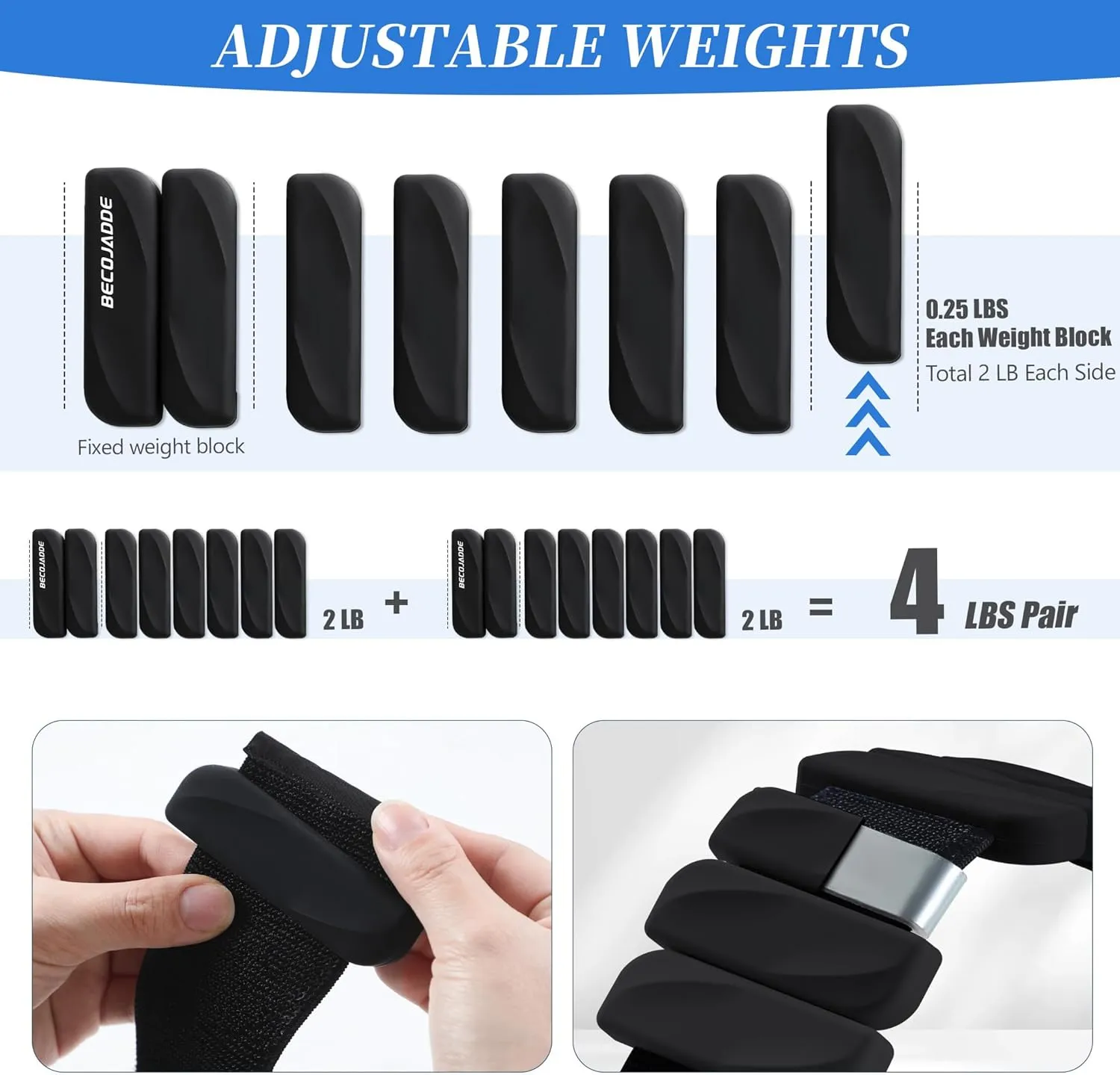 Adjustable Ankle Wrist Weights for Women Men, Set of 2 (1lb or 2lbs Each), Silicone Weighted Bangles for Arm, Leg, Hand, Ideal for Home Workouts, Yoga, Pilates, Running, Walking, Gym
