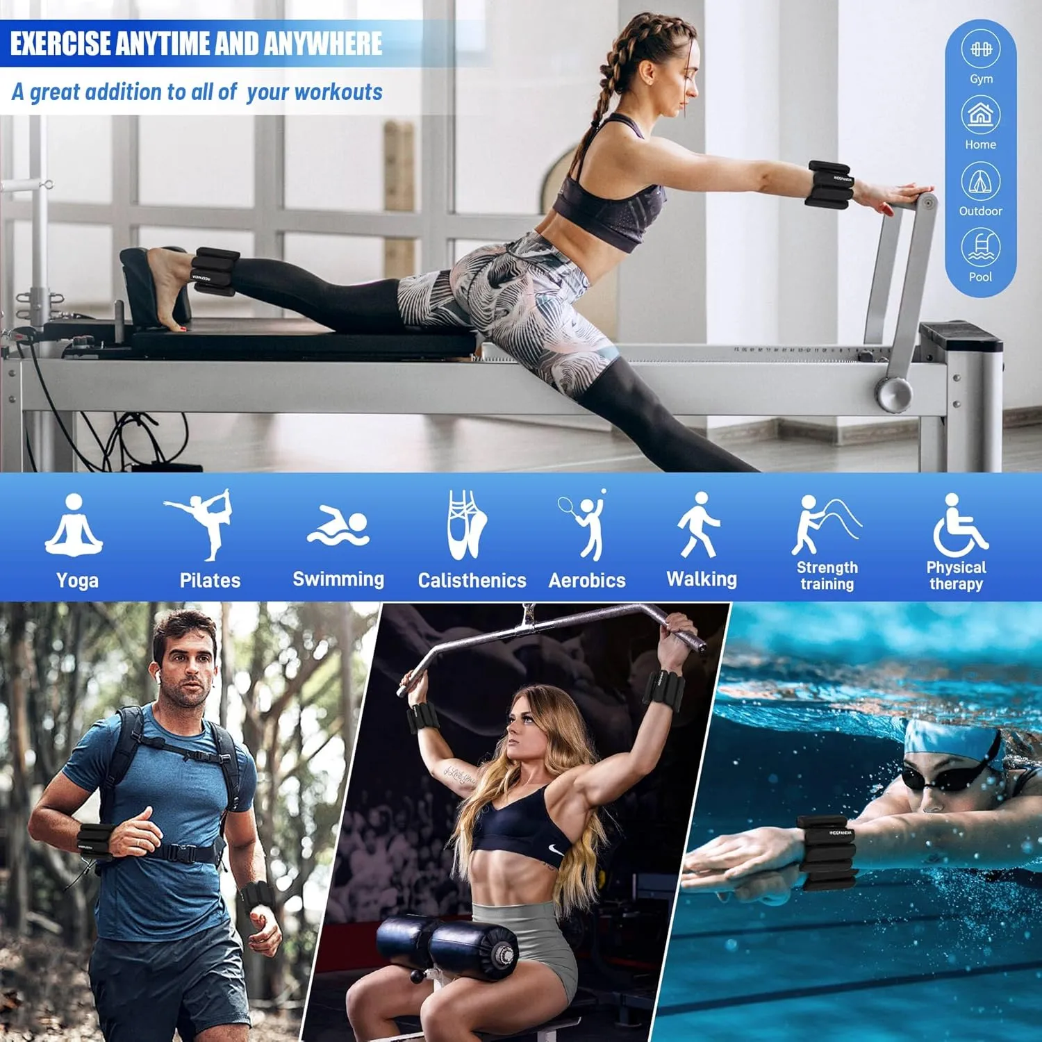 Adjustable Ankle Wrist Weights for Women Men, Set of 2 (1lb or 2lbs Each), Silicone Weighted Bangles for Arm, Leg, Hand, Ideal for Home Workouts, Yoga, Pilates, Running, Walking, Gym