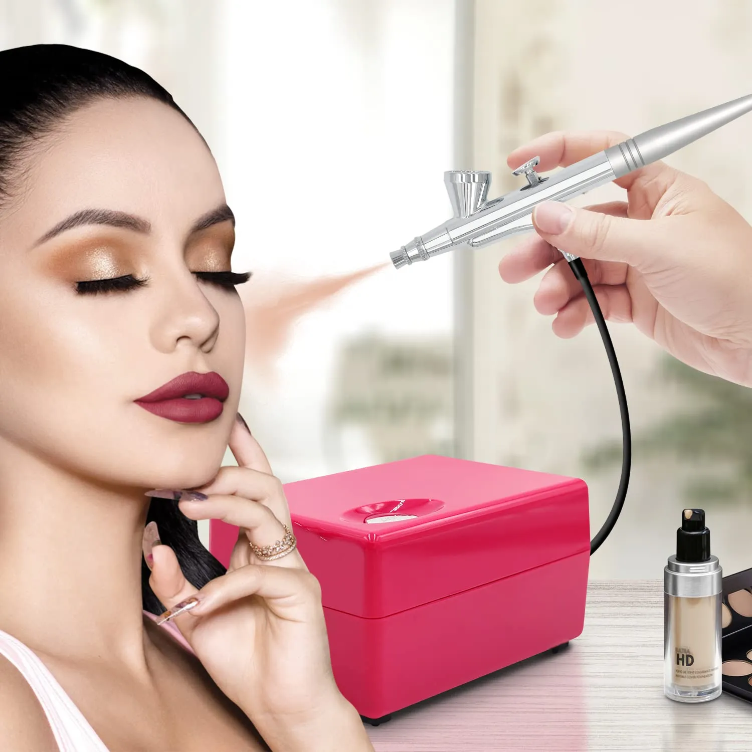 Airbrush Makeup Set Pinkiou Air Brush Kit for Face Paint with Mini Compressor 0.4mm Needle and Nozzle Nail Body Paint SP16 (RED)