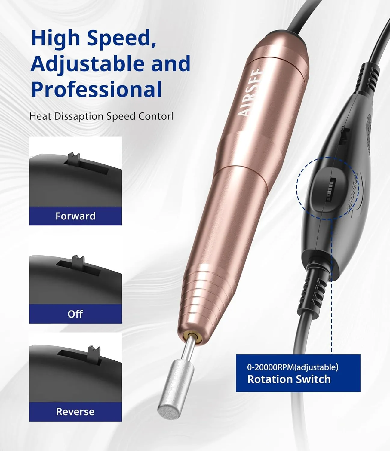 AIRSEE Studio Basic Adapter Portable Electric Nail Drill Machine for Professional, EFile for Acrylic Gel Nails and Manicure Pedicure Polishing Shape, Electric Nail File Kit for Salon Gold