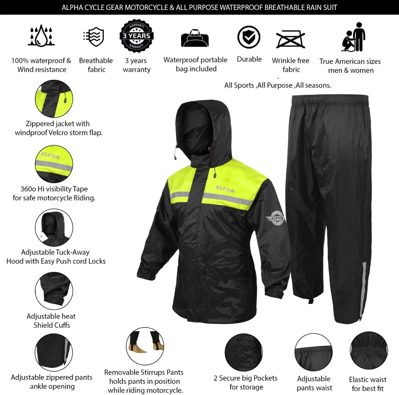 ALPHA CYCLE GEAR Rain Suit for Men & Women Jackets Pant Gear Reflective Rainsuit Waterproof (GREEN, 2X-LARGE)
