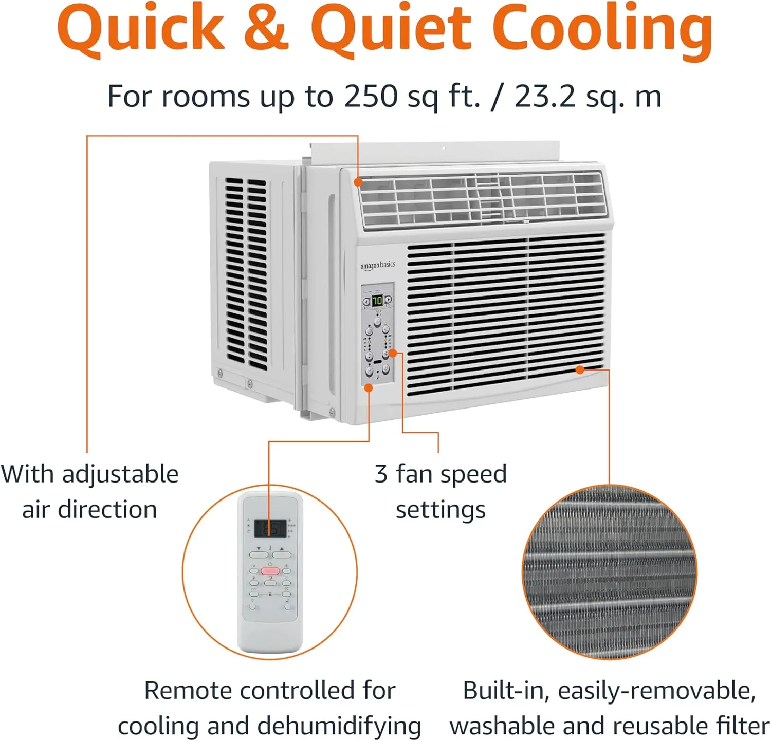Amazon Basics 6000 BTU Window Air Conditioner, Up to 250 Sqf, Window AC Units with Cool and Fan Functions, Washable Filter, Adjustable Window Kit, Intuitive Mechanical Controls, White