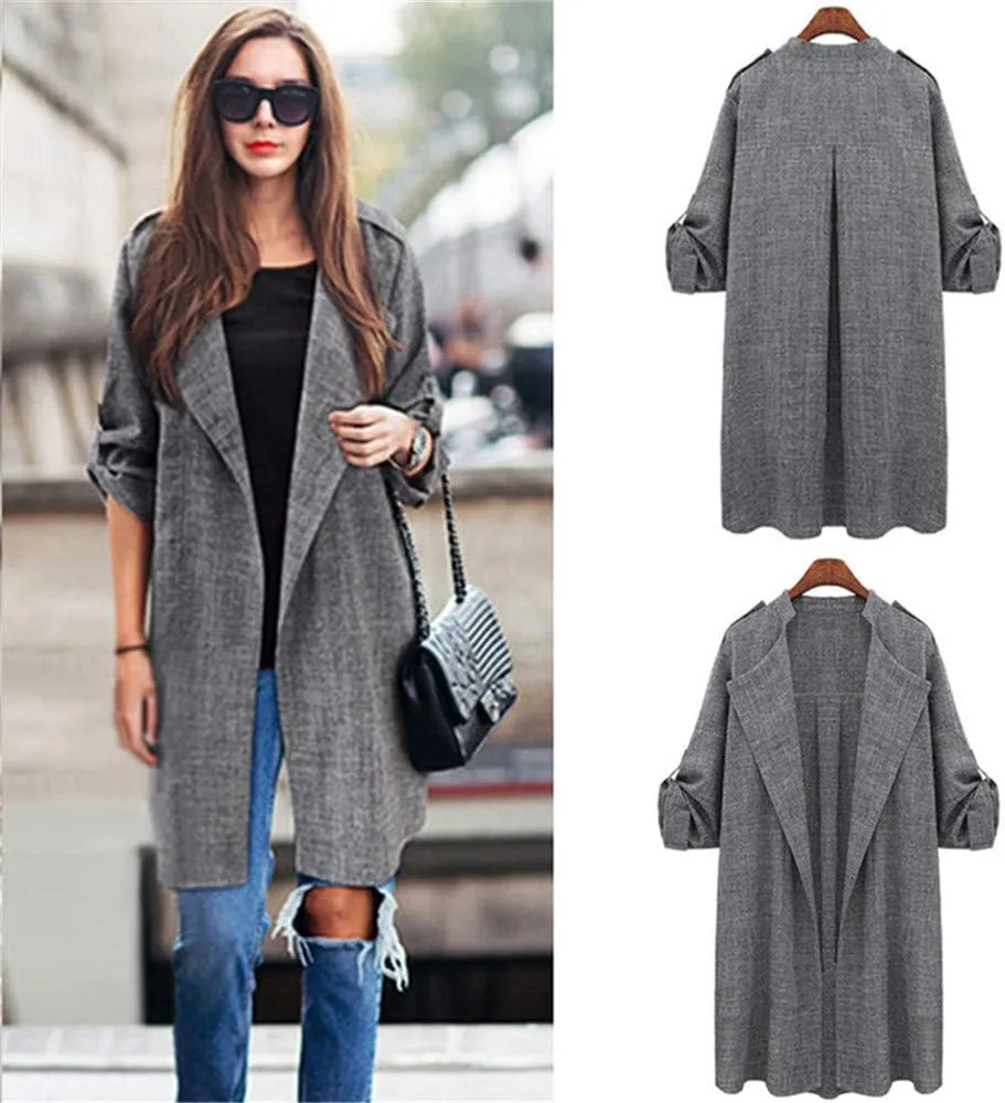 Andongnywell Women's Open Front Cardigan Lapel Trench Roll Up Sleeve Casual Waterfall Jackets Coat Outerwear Overcoat