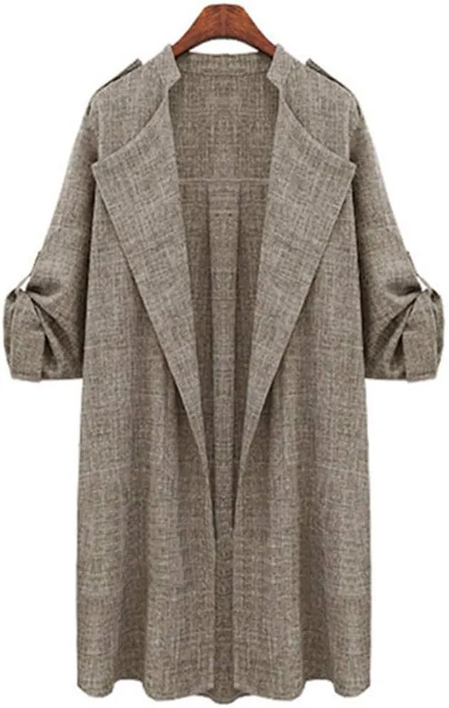 Andongnywell Women's Open Front Cardigan Lapel Trench Roll Up Sleeve Casual Waterfall Jackets Coat Outerwear Overcoat
