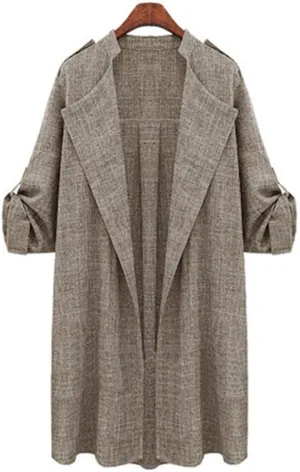 Andongnywell Women's Open Front Cardigan Lapel Trench Roll Up Sleeve Casual Waterfall Jackets Coat Outerwear Overcoat