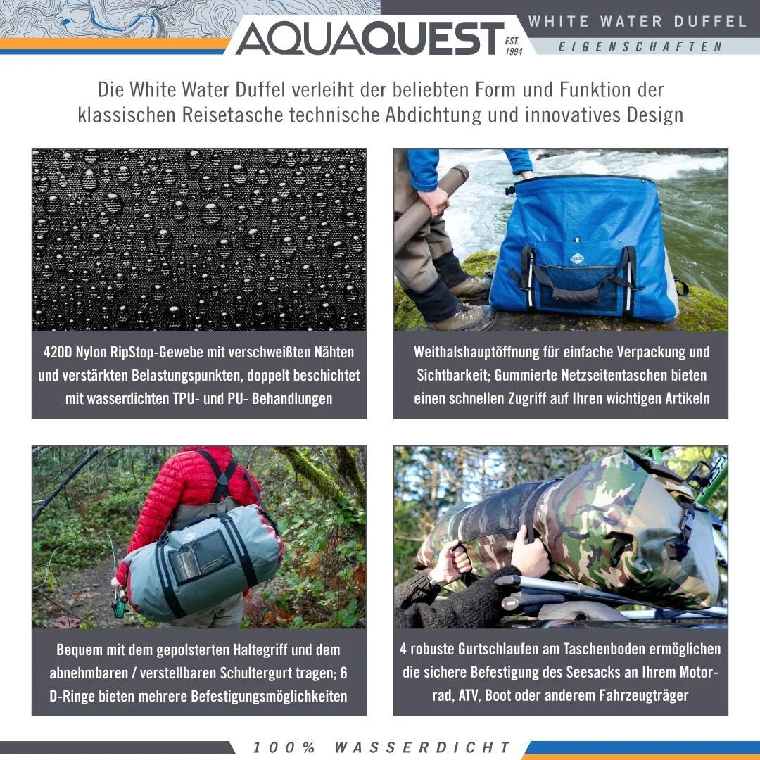 AquaQuest White Water Duffel - 100% Waterproof, Heavy Duty, Versatile, Comfortable - Durable Protective Dry Bag for Travel, Sport, Motorcycle, Boat, Fishing - 50, 75, or 100 L
