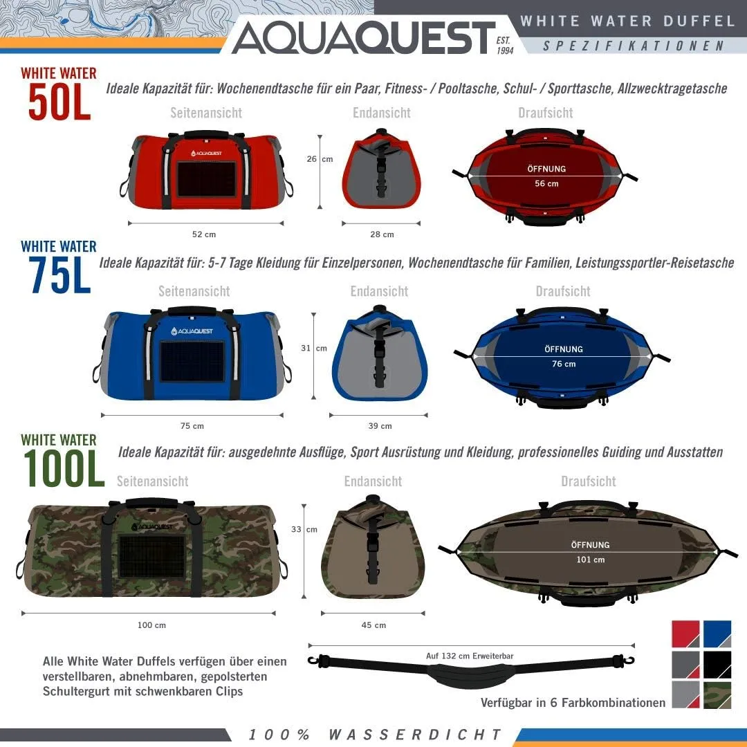 AquaQuest White Water Duffel - 100% Waterproof, Heavy Duty, Versatile, Comfortable - Durable Protective Dry Bag for Travel, Sport, Motorcycle, Boat, Fishing - 50, 75, or 100 L